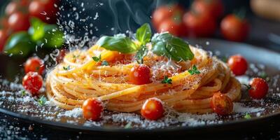 AI Generated Classic Pasta on kitchen background. Diet and food concept. photo