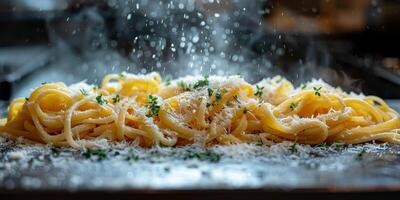 AI Generated Classic Pasta on kitchen background. Diet and food concept. photo