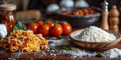 AI Generated Classic Pasta on kitchen background. Diet and food concept. photo