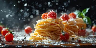 AI Generated Classic Pasta on kitchen background. Diet and food concept. photo