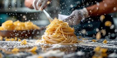 AI Generated Classic Pasta on kitchen background. Diet and food concept. photo