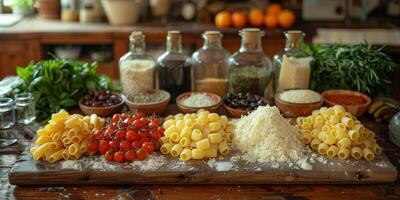 ai generado clásico pasta en cocina antecedentes. dieta y comida concepto. foto