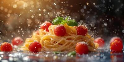 AI Generated Classic Pasta on kitchen background. Diet and food concept. photo