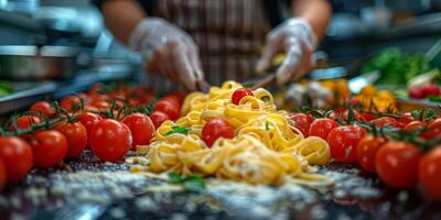 AI Generated Classic Pasta on kitchen background. Diet and food concept. photo