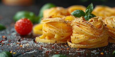 AI Generated Classic Pasta on kitchen background. Diet and food concept. photo