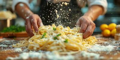 AI Generated Classic Pasta on kitchen background. Diet and food concept. photo