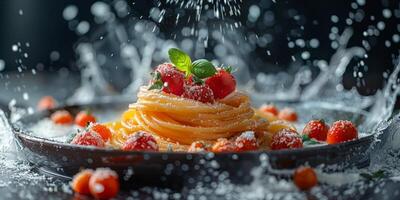 AI Generated Classic Pasta on kitchen background. Diet and food concept. photo