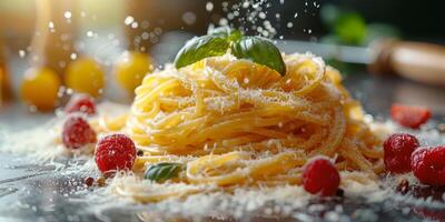 AI Generated Classic Pasta on kitchen background. Diet and food concept. photo