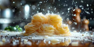 AI Generated Classic Pasta on kitchen background. Diet and food concept. photo