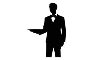 Waiter Serving Dish food Cover Dome silhouette. Sign hand of waiter with serving tray. Waiter serving. vector