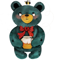 Cute green bear with honey bottle png