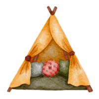 A collection of watercolor-style paintings depicting autumn camping scenes. png