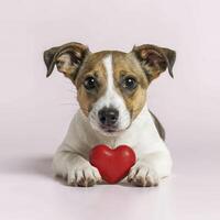 AI generated Jack Russell Terrier dog puppy are lying with red heart. Card on Valentine Day photo