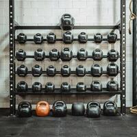 AI generated Organized kettlebell rack in a clean gym photo