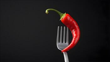 AI generated Red chili pepper on a fork on black background. Spicy food concept photo