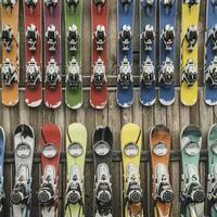 AI generated Colorful ski boots in a row photo