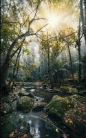 AI generated A colorful landscape of a rain forest during a bright day with sun beams and copy space photo