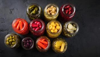 AI generated Set of different pickled food. On black rustic background photo