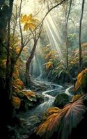 AI generated A colorful landscape of a rain forest during a bright day with sun beams and copy space photo