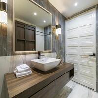 AI generated Interior of bathroom with sink basin faucet and mirror. Modern design of bathroom photo