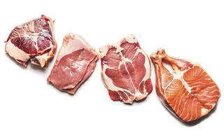AI generated Mix of meat raw steaks salmon, beef, pork and chicken. Isolated on white background photo