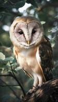 AI generated fluffy wild barn owl sitting photo