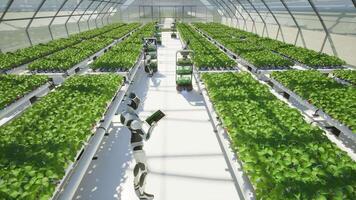 artificiale intelligenza robot raccolta fragola nel il serra, futuro agricoltura tecnologia con inteligente agricoltura concetto video