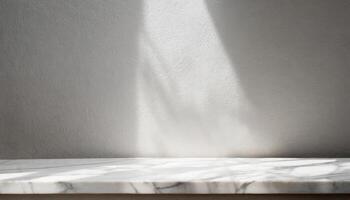 AI generated Marble table with tree shadow drop on white wall background for mockup product display photo