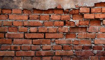 AI generated Fragment of old brickwork, close-up. Red brick wall. Potholes and defects in a brick wall. Flat lay, close-up. Cracks and defects of red brick on the wall. building houses, texture photo