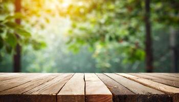 ai generado blanco vacío de madera mesa para productos con verde verano primavera plantas borroso antecedentes foto