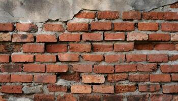 AI generated Fragment of old brickwork, close-up. Red brick wall. Potholes and defects in a brick wall. Flat lay, close-up. Cracks and defects of red brick on the wall. building houses, texture photo