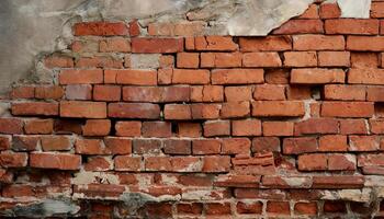 AI generated Fragment of old brickwork, close-up. Red brick wall. Potholes and defects in a brick wall. Flat lay, close-up. Cracks and defects of red brick on the wall. building houses, texture photo