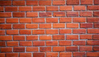 AI generated Close up view of a red brick wall. Texture of old dark brown and red brick wall panoramic background. Minimal pattern background concept. Trendy brick wall background idea. Copy space. photo