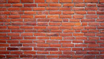 AI generated Close up view of a red brick wall. Texture of old dark brown and red brick wall panoramic background. Minimal pattern background concept. Trendy brick wall background idea. Copy space. photo