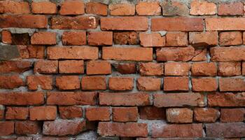 AI generated Fragment of old brickwork, close-up. Red brick wall. Potholes and defects in a brick wall. Flat lay, close-up. Cracks and defects of red brick on the wall. building houses, texture photo