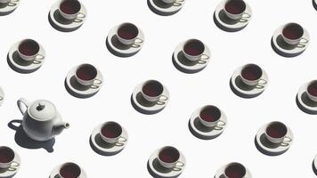 Pattern with lonely teapot and many cups of tea animated on white background. Tea mugs move in different directions. 4K video