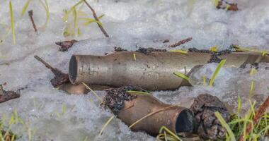 Makro Zeitraffer Schuss von glänzend schmelzen Schnee Partikel drehen in Flüssigkeit Wasser und Enthüllung Grün Gras und Maschine Gewehr Munition. das Konzept von das Vergangenheit Krieg. video