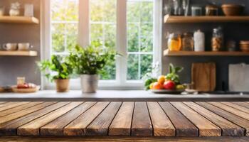 ai generado de madera mesa en difuminar ventana vaso blanco pared en oficina habitación. vacío lujo de madera mesa parte superior estante para monitor o montaje productos bandera burlarse de arriba antecedentes foto