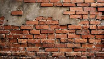 AI generated Fragment of old brickwork, close-up. Red brick wall. Potholes and defects in a brick wall. Flat lay, close-up. Cracks and defects of red brick on the wall. building houses, texture photo