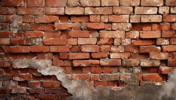 AI generated Fragment of old brickwork, close-up. Red brick wall. Potholes and defects in a brick wall. Flat lay, close-up. Cracks and defects of red brick on the wall. building houses, texture photo