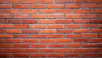 AI generated Close up view of a red brick wall. Texture of old dark brown and red brick wall panoramic background. Minimal pattern background concept. Trendy brick wall background idea. Copy space. photo