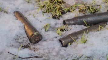 Makro Zeitraffer Schuss von glänzend schmelzen Schnee Partikel drehen in Flüssigkeit Wasser und Enthüllung Grün Gras und Maschine Gewehr Munition. das Konzept von das Vergangenheit Krieg. video