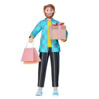 3d illustration personnage en portant une paquet boîte png