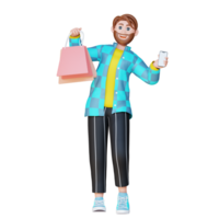 3d illustration personnage en portant une téléphone et achats sac png