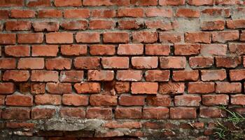 AI generated Fragment of old brickwork, close-up. Red brick wall. Potholes and defects in a brick wall. Flat lay, close-up. Cracks and defects of red brick on the wall. building houses, texture photo