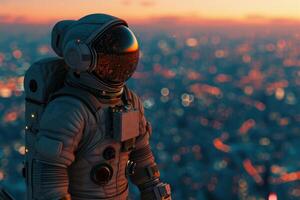 AI generated Astronaut Overlooking City Lights at Dusk photo
