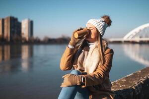 hermosa mujer en calentar ropa disfruta Bebiendo café y descansando por el río en un soleado invierno día. tonificado imagen. foto