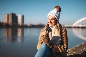 Beautiful woman in warm clothing enjoys drinking coffee and resting by the river on a sunny winter day.Toned image. photo