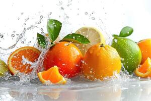 AI generated Fresh citrus fruits and water splashes on white background. photo