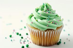 AI generated Green Sprinkled Cupcake on White Background photo